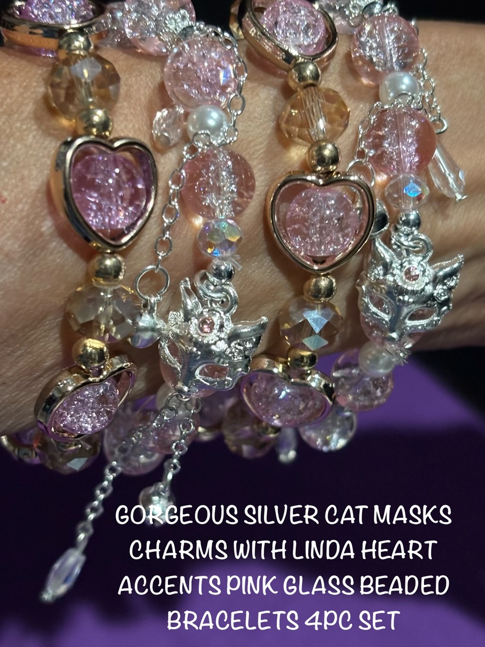 GORGEOUS LILAC  & PINK CRACKED BEADED BRACELETS W/CAT MASK CHARMS & LINDA ACCENT